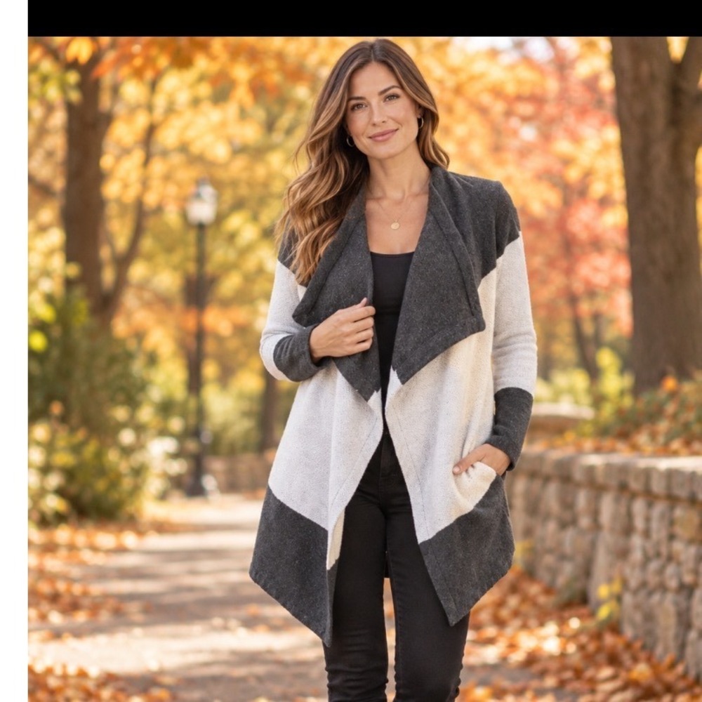 BB Dakota Womens Medium Gray Colorblock Draped Waterfall Open Front Cardigan